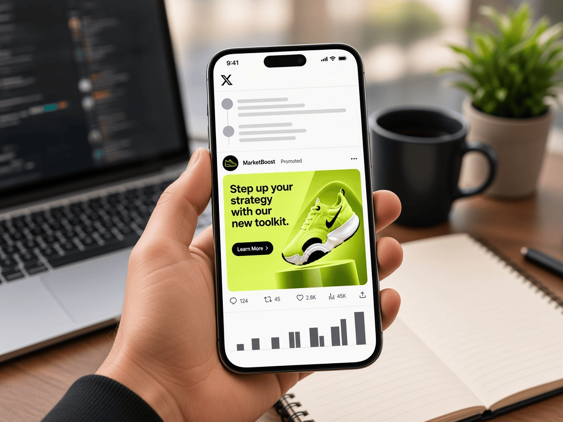 Hand holding a phone showing X timeline and campaign analytics