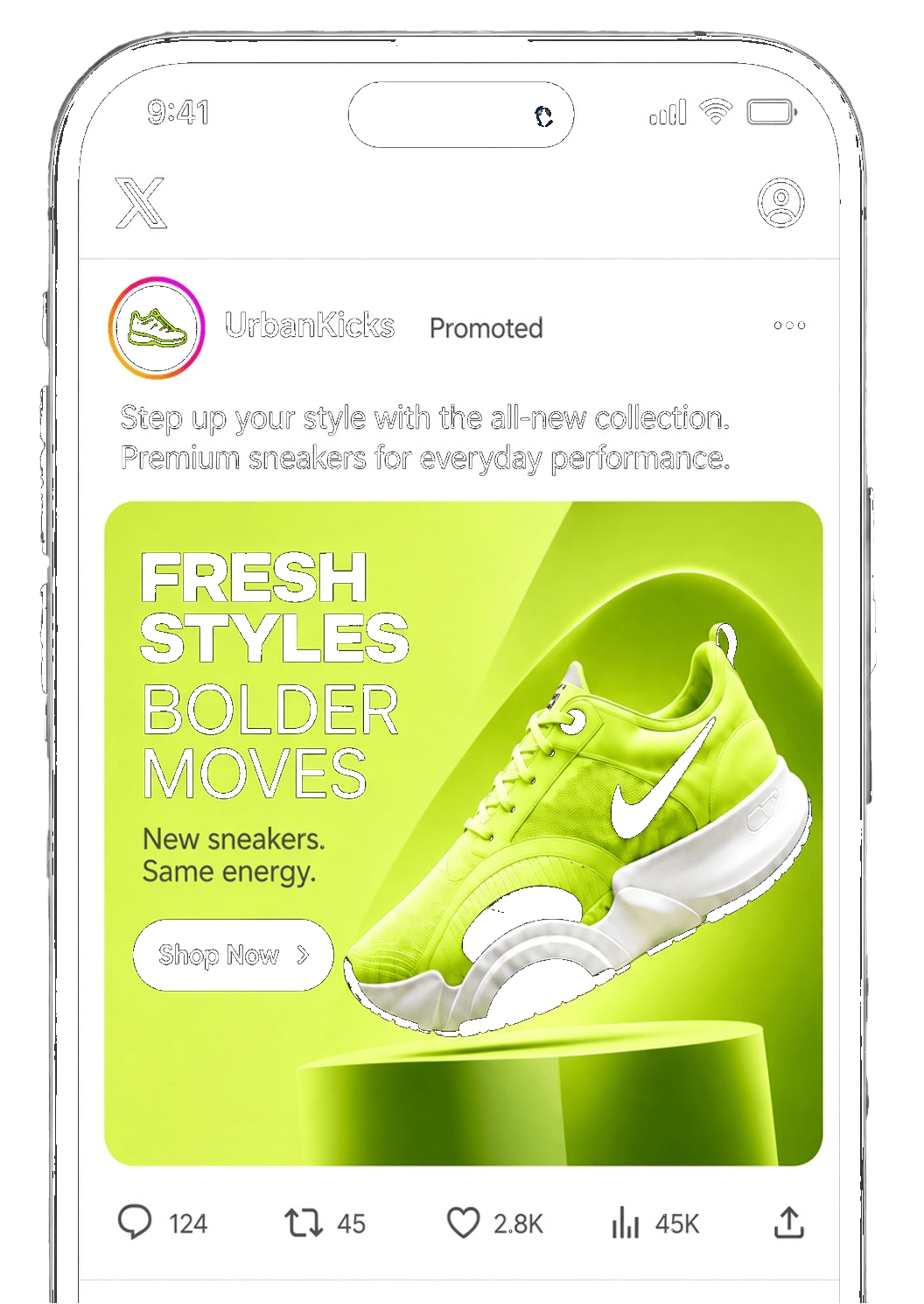 X app showing a promoted UrbanKicks campaign on a phone