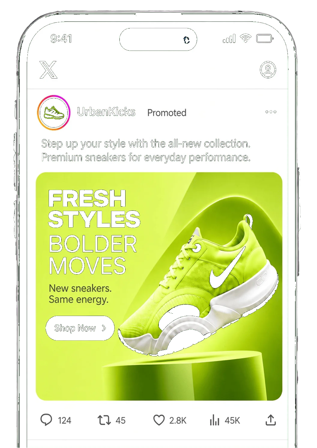 X app showing a promoted UrbanKicks campaign on a phone