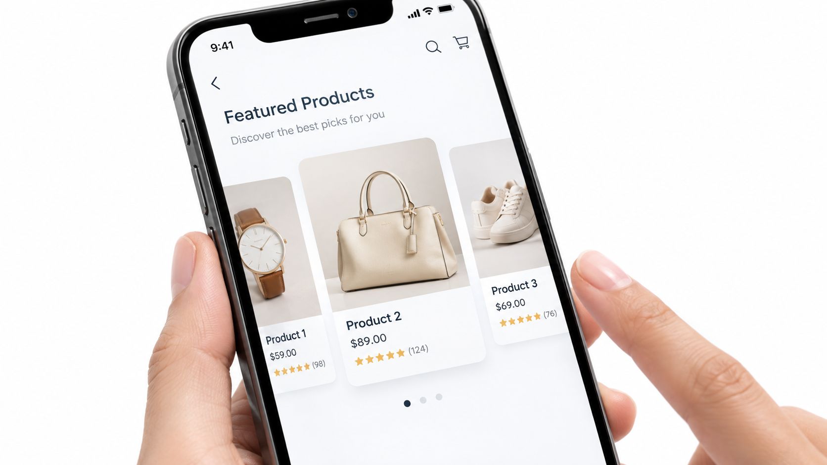 A person holding a smartphone displaying an e-commerce featured products app screen with various items for sale.