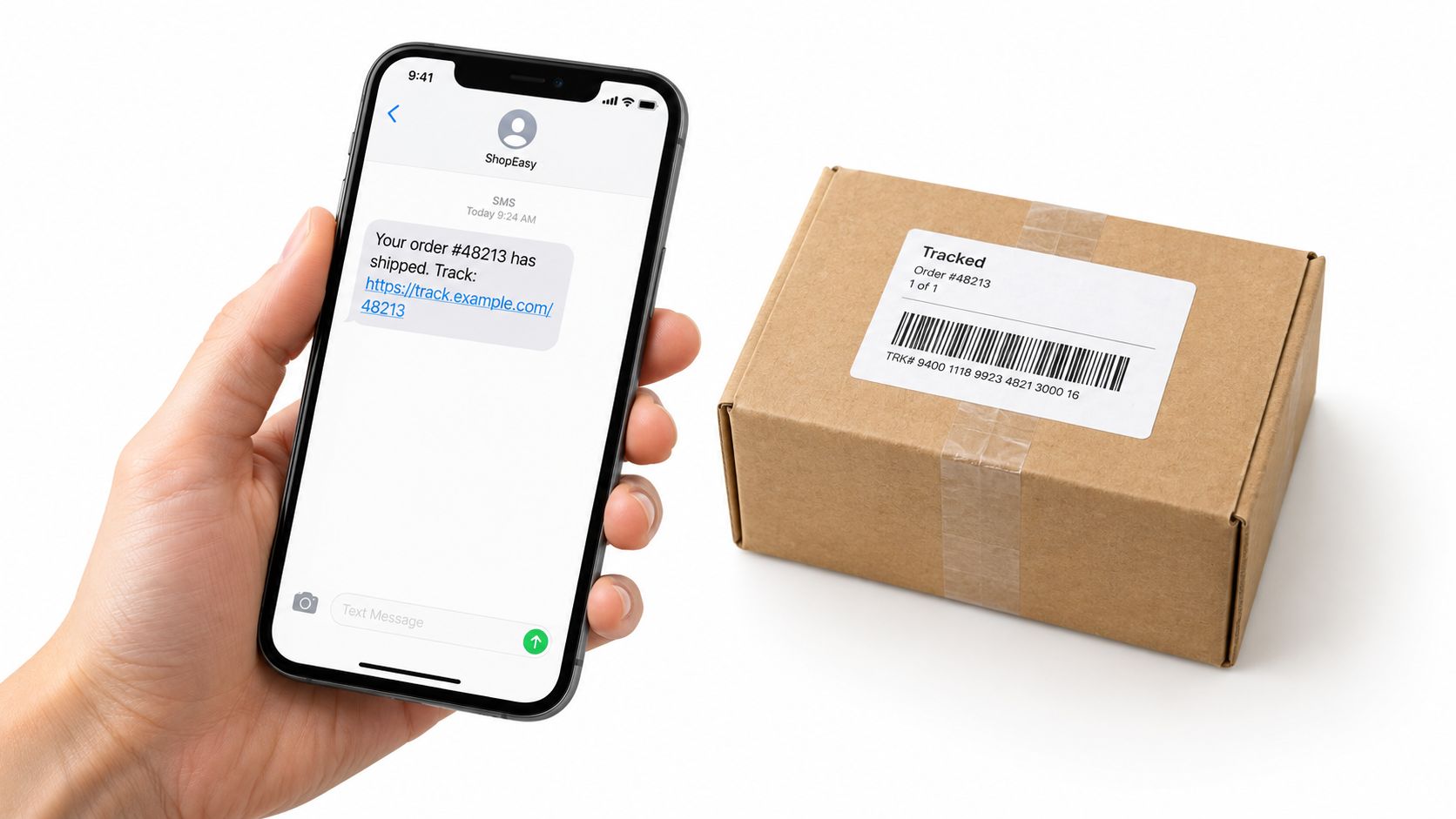 A hand holding a smartphone displaying an SMS shipment notification next to a brown cardboard package.