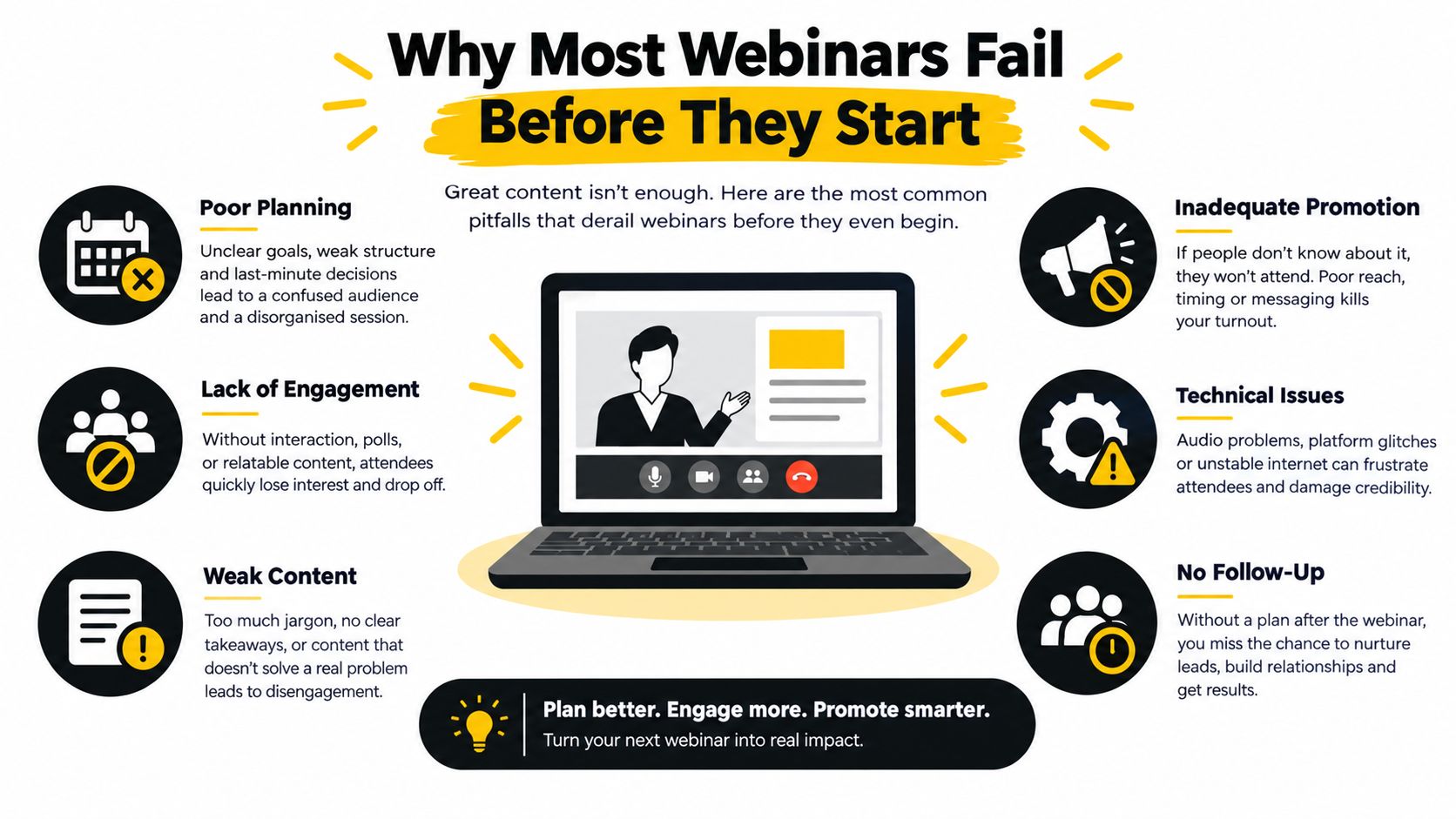 An infographic titled Why Most Webinars Fail, highlighting common pitfalls like poor planning and lack of engagement.