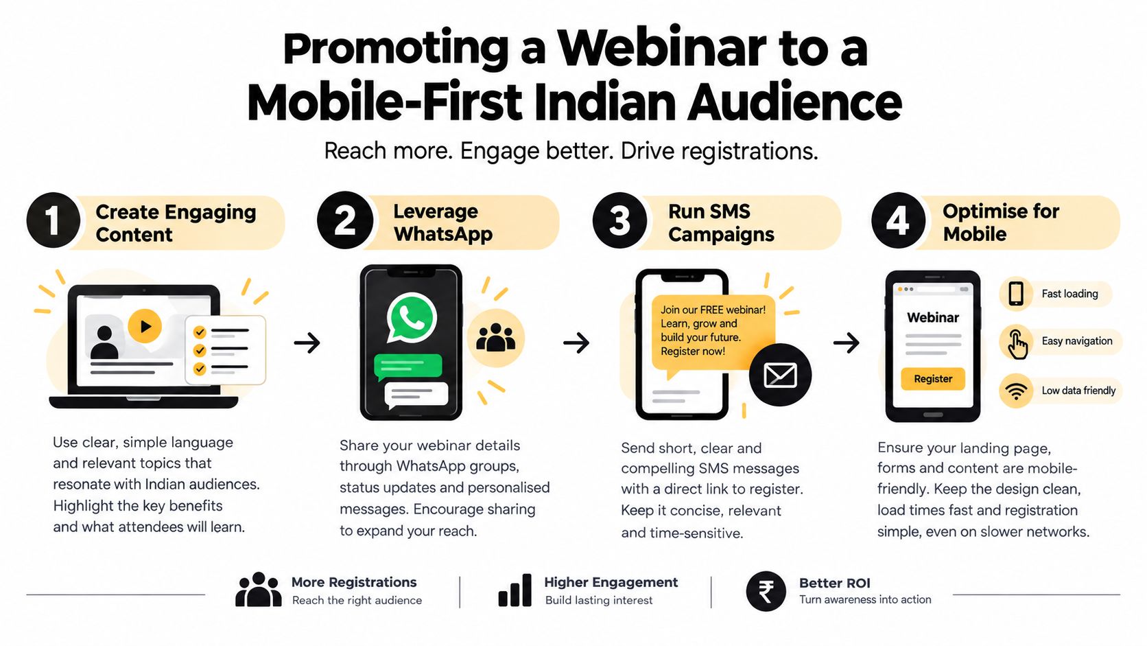 An infographic showing four steps to promote a webinar to a mobile-first Indian audience for better engagement.