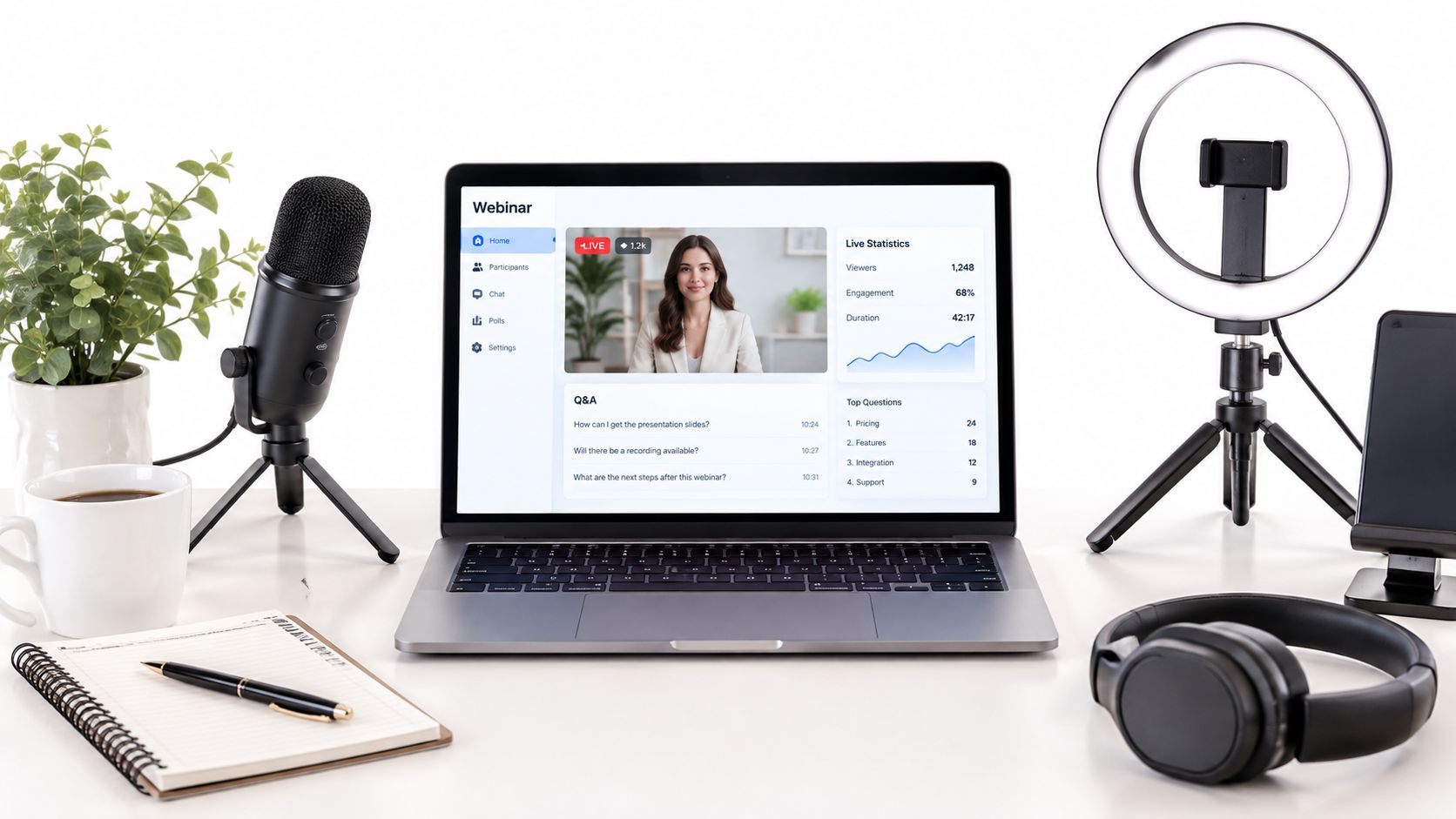 A modern home office setup with a laptop displaying a live webinar, microphone, ring light, and headphones.