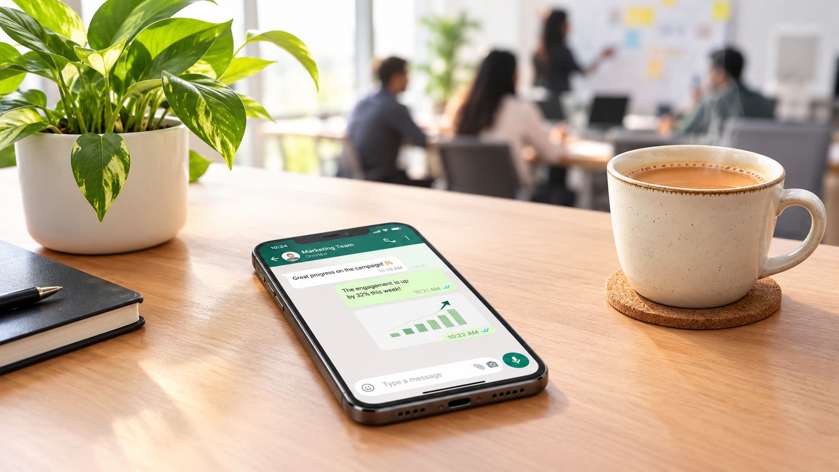 A smartphone on a wooden desk displaying a WhatsApp chat about marketing strategy with a rising graph.